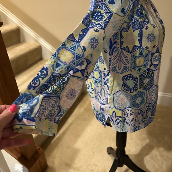 Talbots Blue and Yellow 3/4 Sleeve Buttoned Blouse - Picture 4 of 5